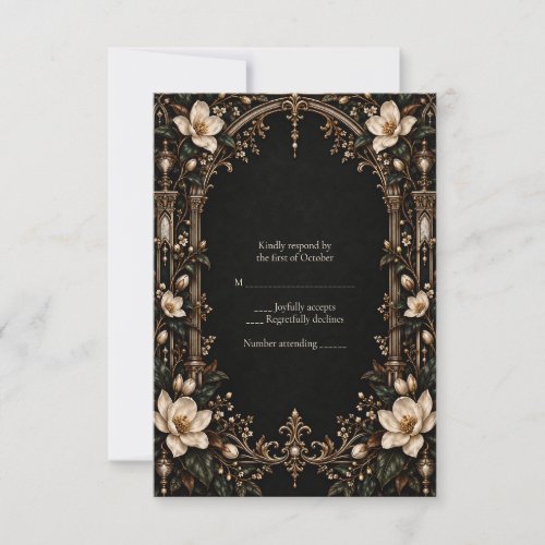 Ivory Magnolias on Black Gothic Wedding RSVP Card