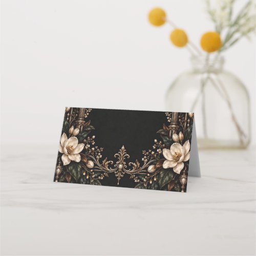 Ivory Magnolias on Black Wedding Place Cards