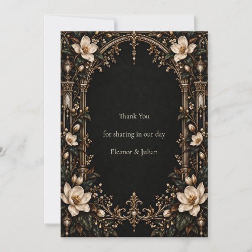 Ivory Magnolias on Black Wedding Thank You Card