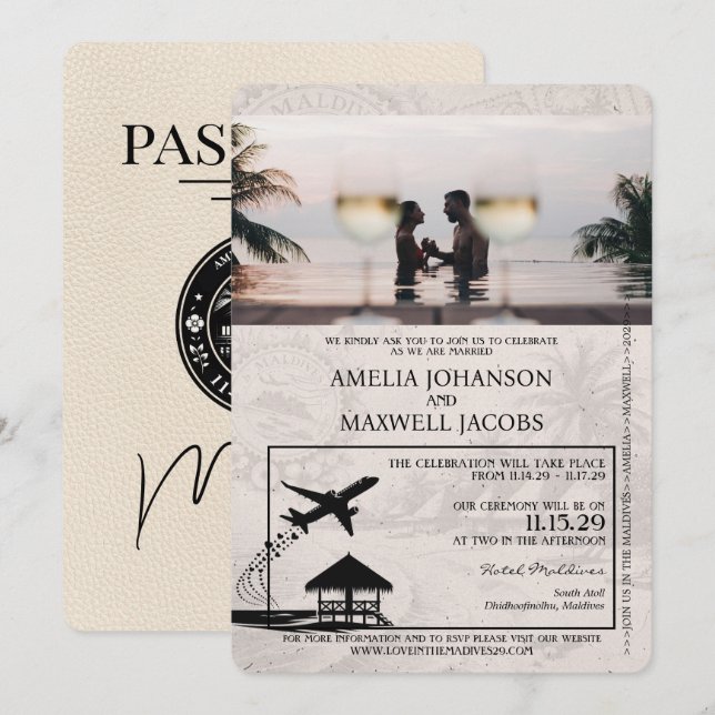 Ivory Maldives Passport Wedding Invitation (Front/Back)