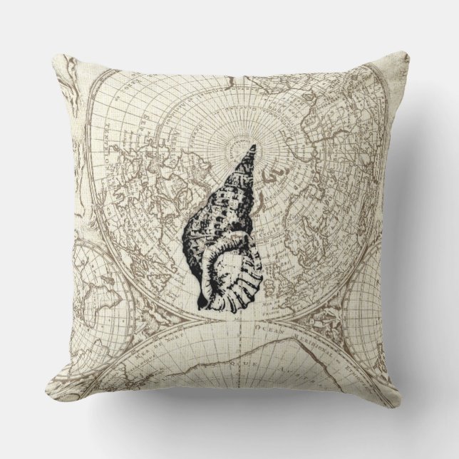 Ivory Map and SeaShell Illustration Sealife Throw Pillow (Front)
