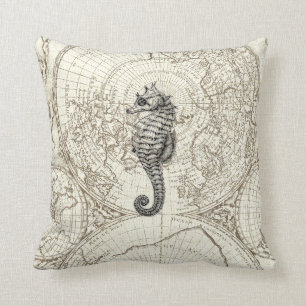 Ivory Map Black Seahorse Illustration Sealife Throw Pillow
