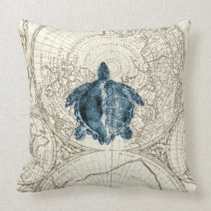 Ivory Map Blue Turtle Illustration Sealife Throw Pillow