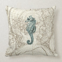 Ivory Map Green Seahorse Illustration Sealife Throw Pillow
