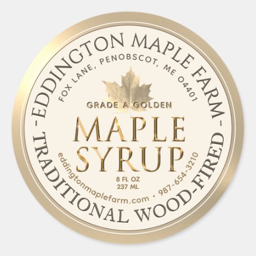 Ivory Maple Syrup Gold Maple Leaf Gold Border  Classic Round Sticker