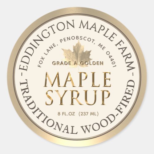 Ivory Maple Syrup Gold Maple Leaf Gold Border  Classic Round Sticker