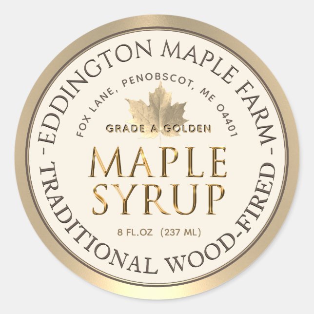 Ivory Maple Syrup Gold Maple Leaf Gold Border  Classic Round Sticker (Front)