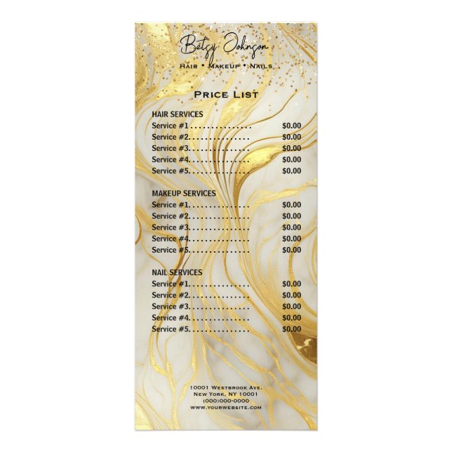 Ivory Marble & Gold Glitter Rack Card Price List (Front)