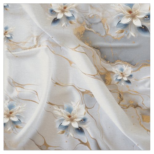Ivory Marble Silk  Soft Light Blue Flowers Fabric