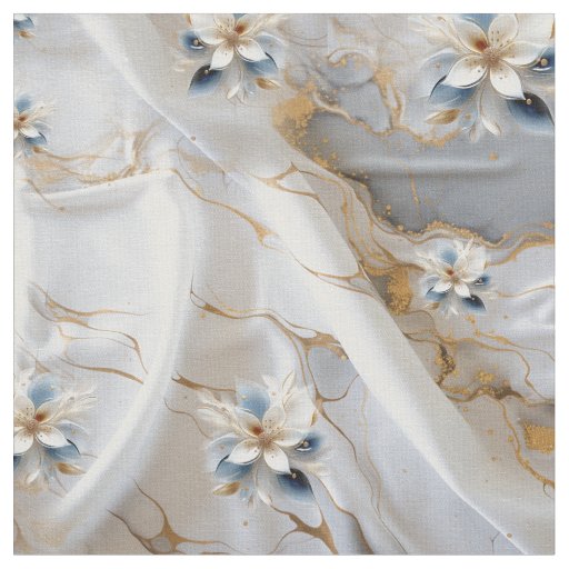 Ivory Marble Silk & Soft Light Blue Flowers Fabric