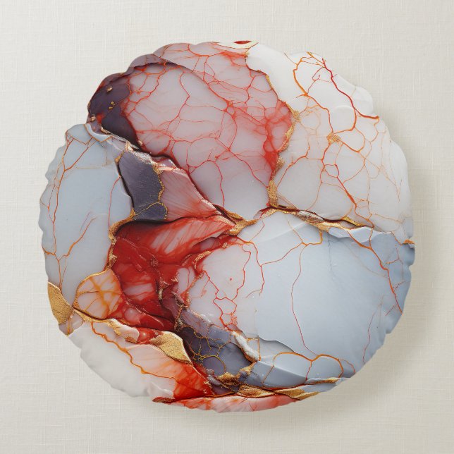 Ivory Marble with Crimson & Gold Veins Round Pillow (Front)