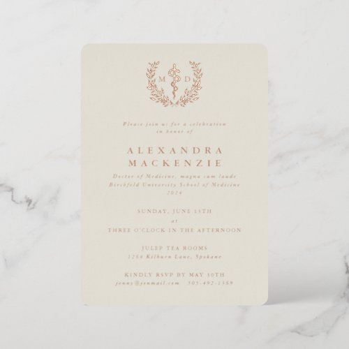 Ivory MD AsclepiusLaurel Wreath Graduation Party Foil Invitation