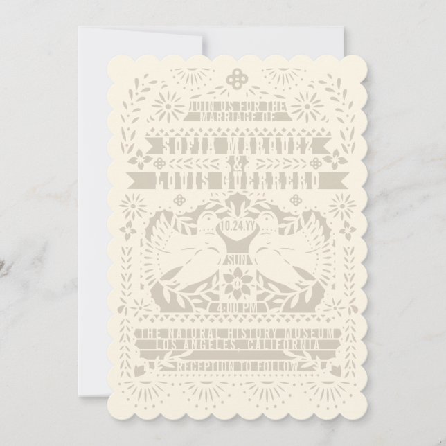 Ivory Mexican Fantail Doves Papel Picado Wedding Invitation (Front)