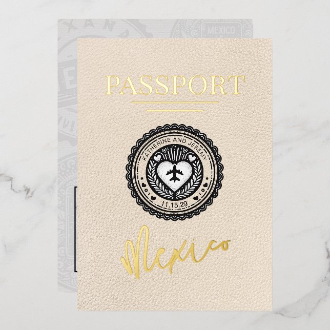 Ivory Mexico Passport Wedding Foil Invitation (Front/Back)
