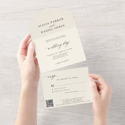 Ivory modern minimalist wedding RSVP QR code All In One Invitation