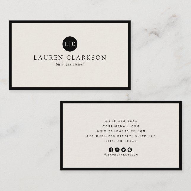 Ivory Modern Two Initials Monogram Black Border  Business Card (Front/Back)