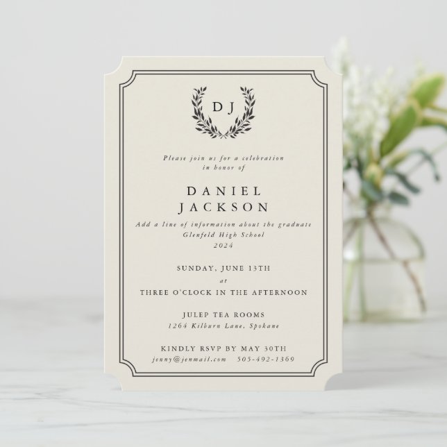 Ivory Monogram Laurel Wreath Graduation Invitation (Standing Front)