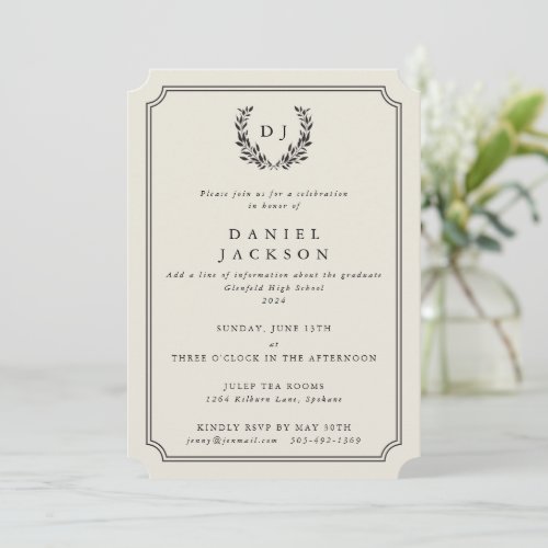 Ivory Monogram Laurel Wreath Graduation Invitation