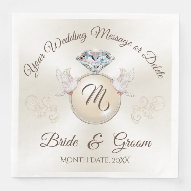 Ivory Monogram Wedding Napkins, Diamond Ring Paper Dinner Napkins (Front)
