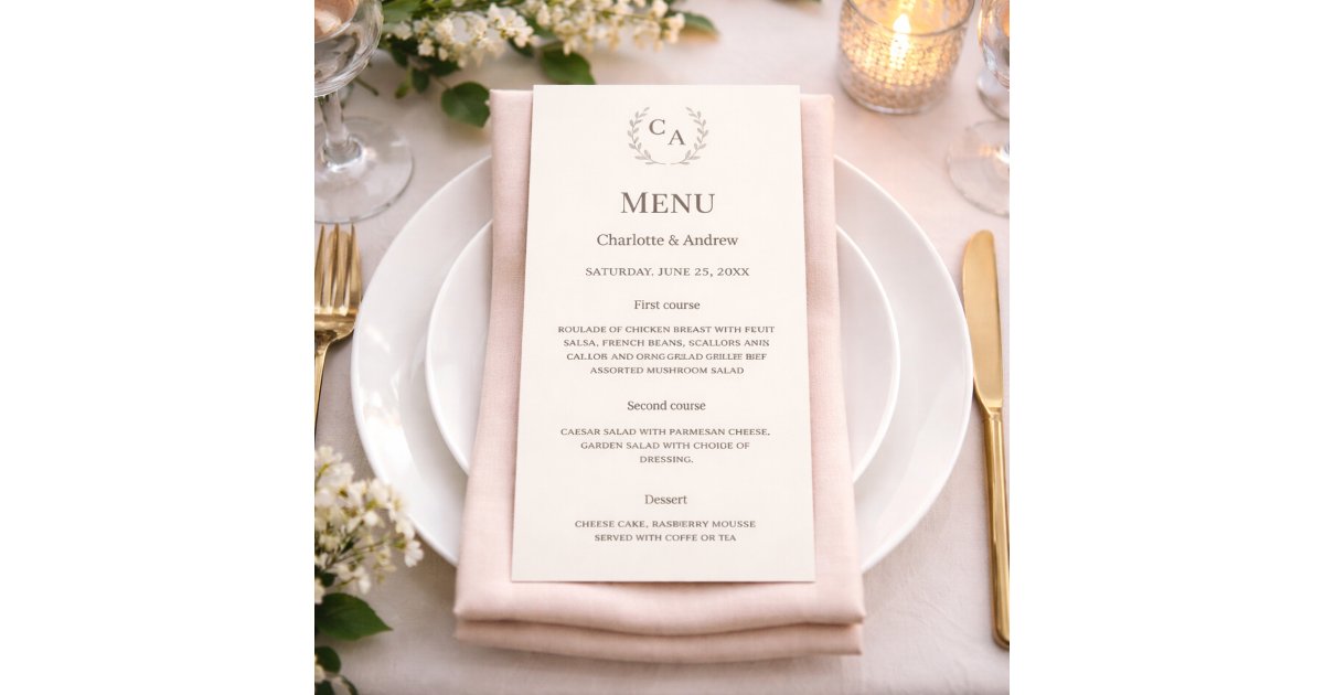 Ivory monogrammed wreath classic dinner wedding menu | Zazzle