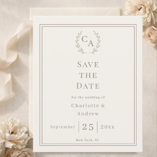 Ivory monogrammed wreath wedding Save the Date  Flyer