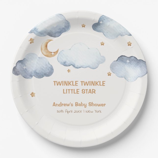 Ivory Moon Stars Twinkle Boy Baby Shower Paper Plates (Front)