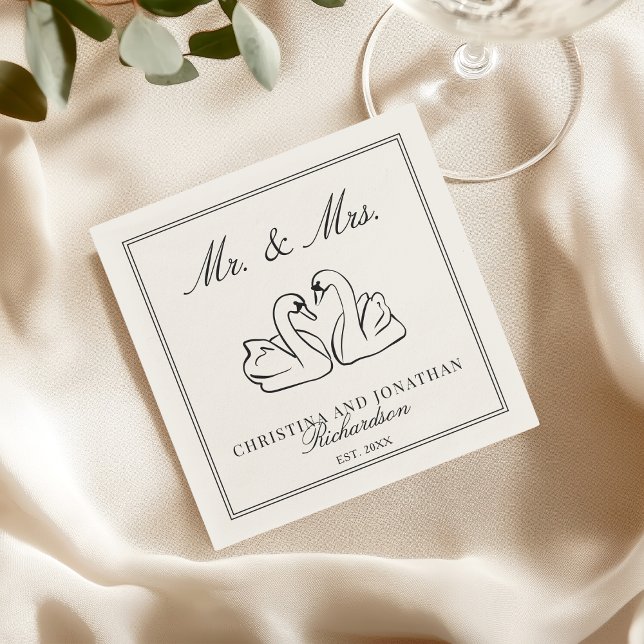 Ivory Mr & Mrs Romantic Swans Old Money Wedding  Napkins (Creator Uploaded)