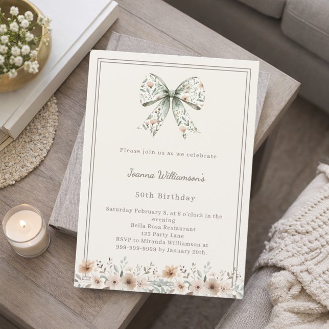 Ivory muted green bow florals birthday invitation (Creator Uploaded)