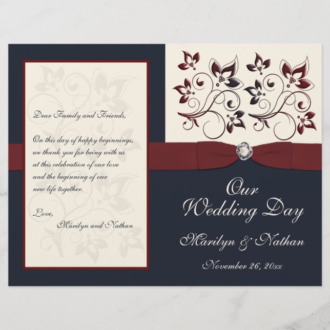 Ivory, Navy, and Claret Floral Wedding Program (Front)