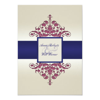 Ivory Navy and Wine Damask Wedding Invitation