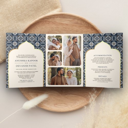Ivory Navy Blue Pattern All in One Indian Wedding Tri_Fold Invitation