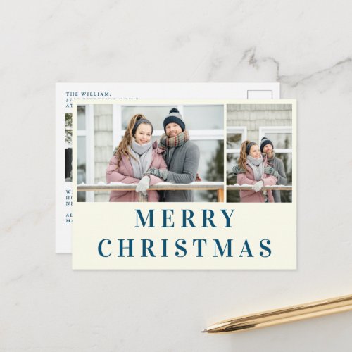 Ivory Navy Blue Text Merry Christmas Photo Collage Postcard