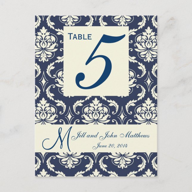 Ivory Navy Damask Wedding Table Number (Front)