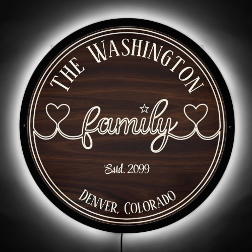 Ivory Neon Family Script on Wood Effect Background LED Sign