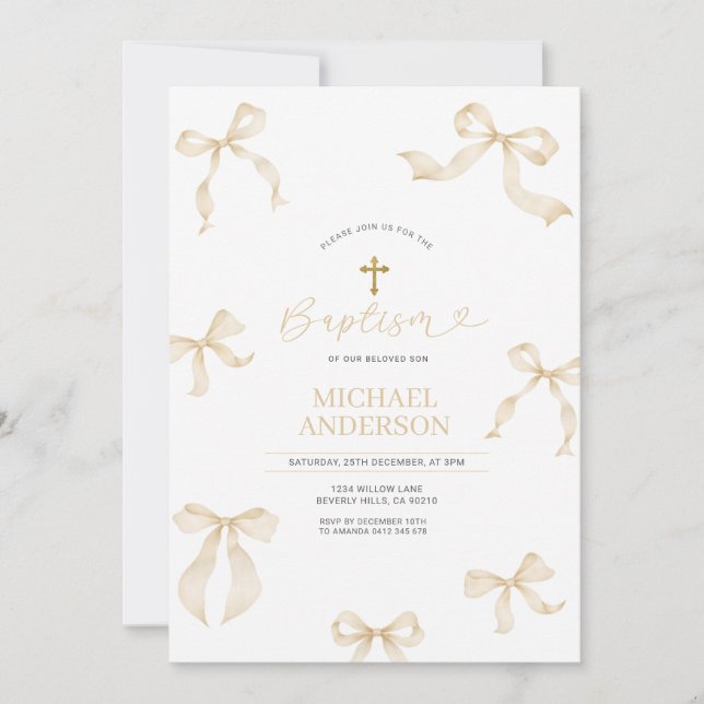 Ivory Neutral Bow Christening Invitation (Front)