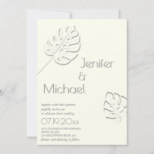 Ivory neutral embossed tropical leaf all in one  invitation