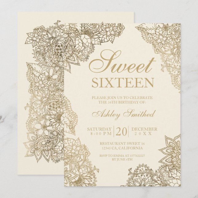 ivory off white gold floral elegant Sweet sixteen Invitation (Front/Back)