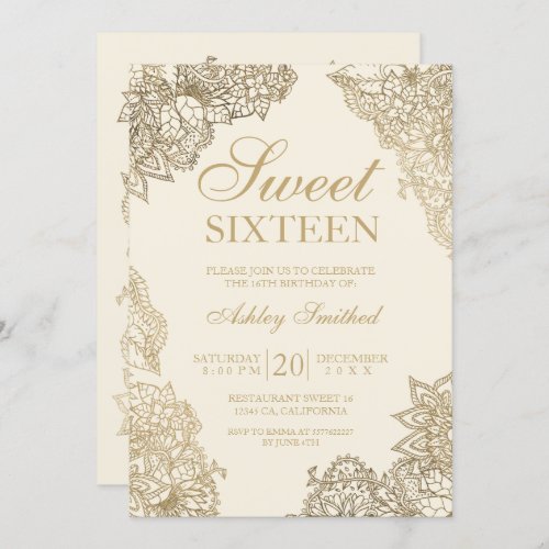 ivory off white gold floral elegant Sweet sixteen Invitation