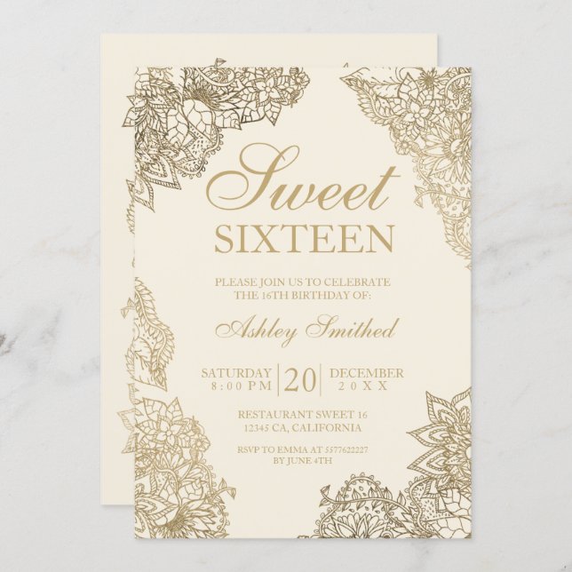 ivory off white gold floral elegant Sweet sixteen Invitation (Front/Back)