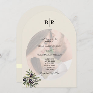 Ivory Olive Arched Photo Monogram Wedding Invitation