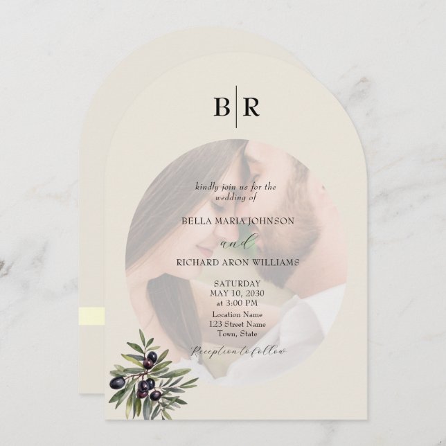Ivory Olive Arched Photo Monogram Wedding Invitation (Front/Back)
