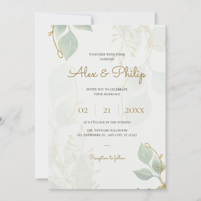 Ivory olive Green and Gold Elegant Floral Wedding Invitation (Front)
