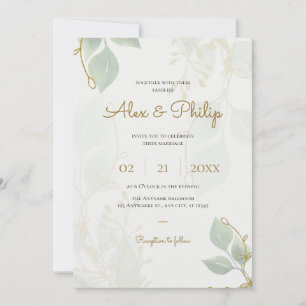 Ivory olive Green and Gold Elegant Floral Wedding Invitation