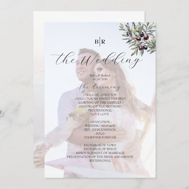 Ivory Olive Monogram Photo Wedding Program (Front/Back)