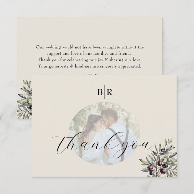 Ivory Olive Photo Monogram Wedding Thank You Card (Front/Back)