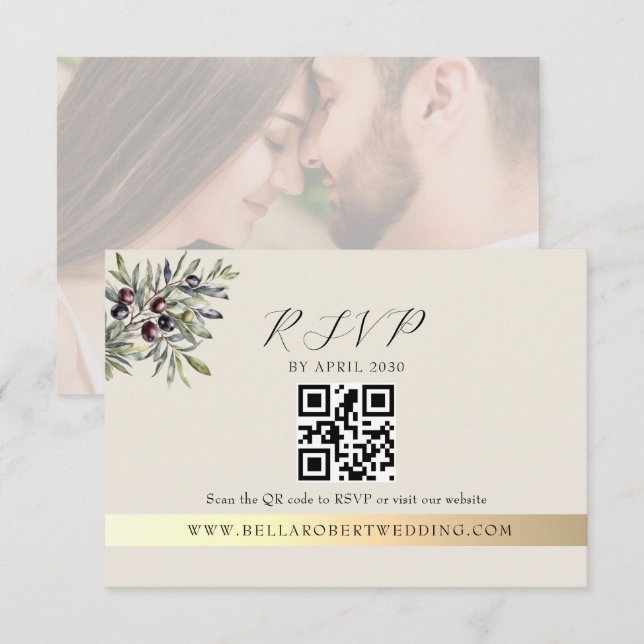 Ivory Olive Photo QR Wedding RSVP Card (Front/Back)