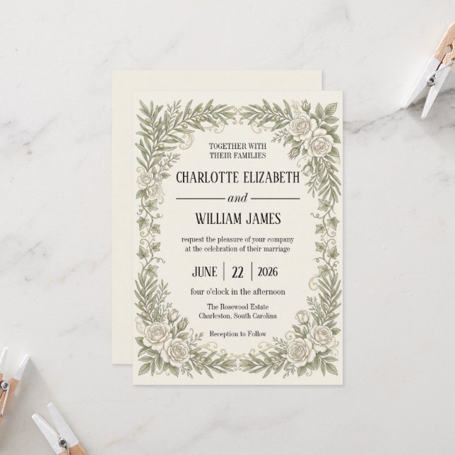 Ivory Olive Rose Border Wedding Invitation (Front/Back In Situ)