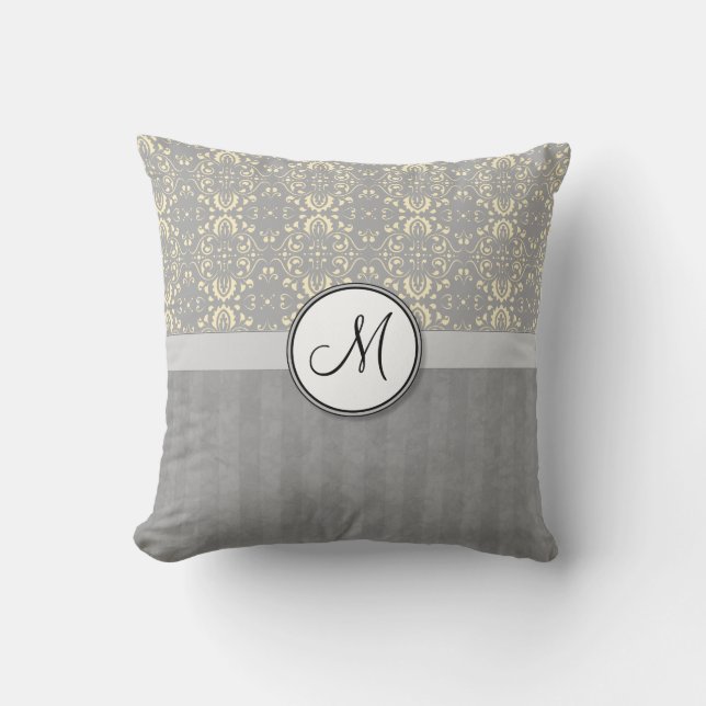 Ivory on Silver Damask and Stripes with Monogram Throw Pillow (Front)