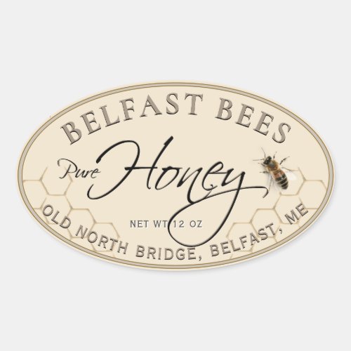 Ivory Oval Honey Label with Bee and Honeycomb