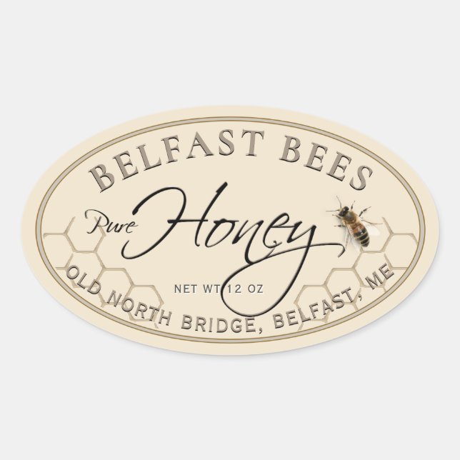 Ivory Oval Honey Label with Bee and Honeycomb (Front)